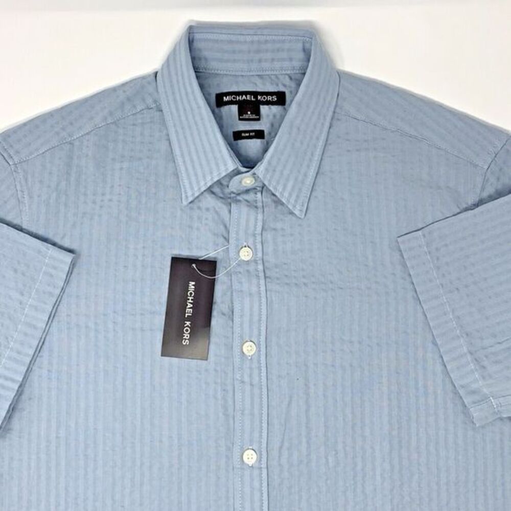 Michael Kors Pale Blue Slim Fit Short Sleeve Button Up Men's Casual Shirt Sz‎ Sm